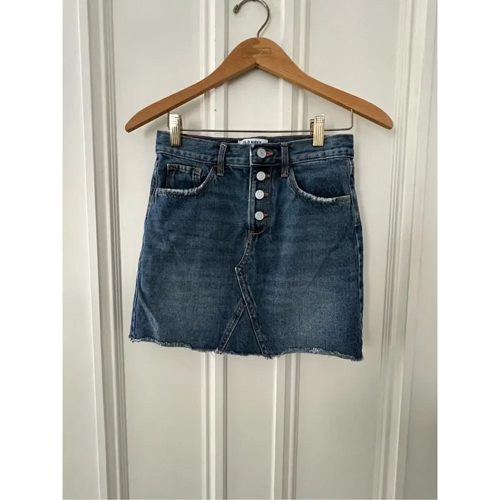 Old Navy raw hem button down denim jean skirt 14